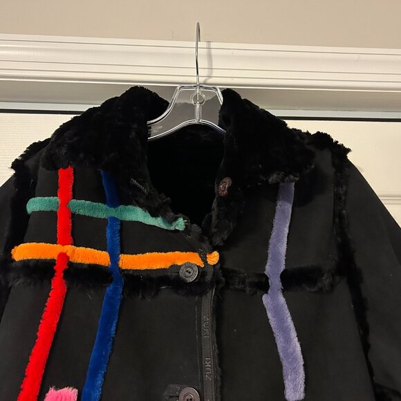 ZUKI Sz M/L Black Sheared Beaver w/Suede & Abstract Design Reversible Coat Jkt - Picture 5 of 14